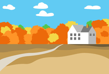 Vibrant autumn landscape with house, road and colorful trees. Countryside fall season. Vector illustration for banner.