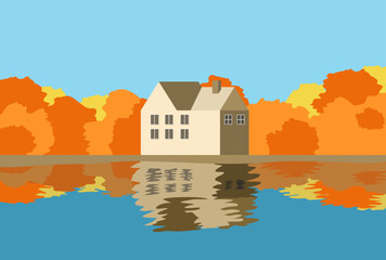 Peaceful river cozy house and reflection surrounded by autumn leaves landscape. Vector illustration design