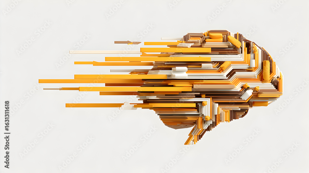 Aufkleber an abstract brain with emanating streams, illustrating intelligence and innovation.
