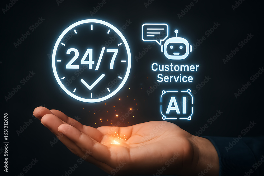 Aufkleber hand holding glowing artificial intelligence icons showing 24 7 chatbot customer service support for