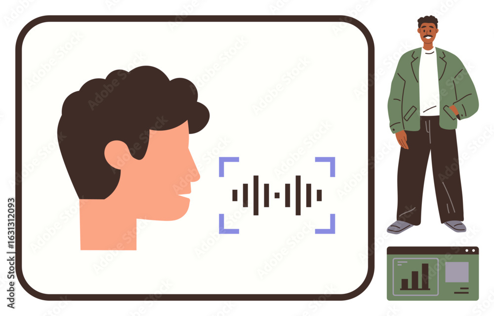 Poster profile head analyzing sound waves framed by indicators, man beside computer interface. ideal for te