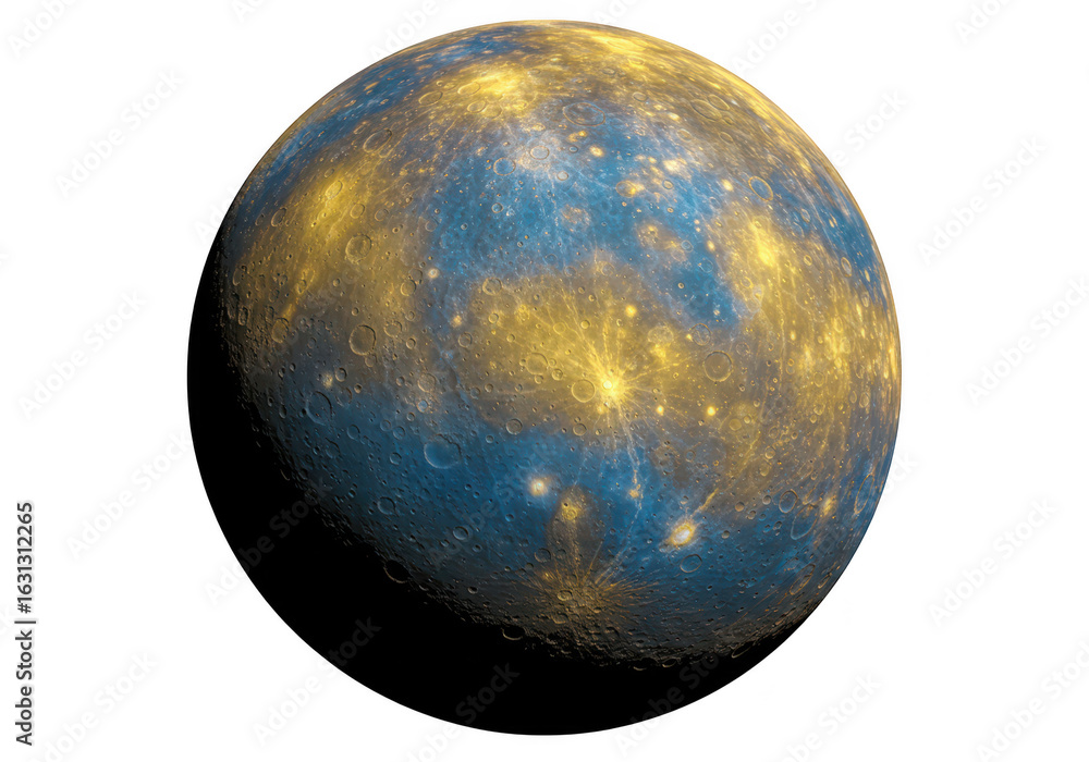 Poster a detailed rendering of the planet mercury, showcasing its textured surface with blue and golden hue