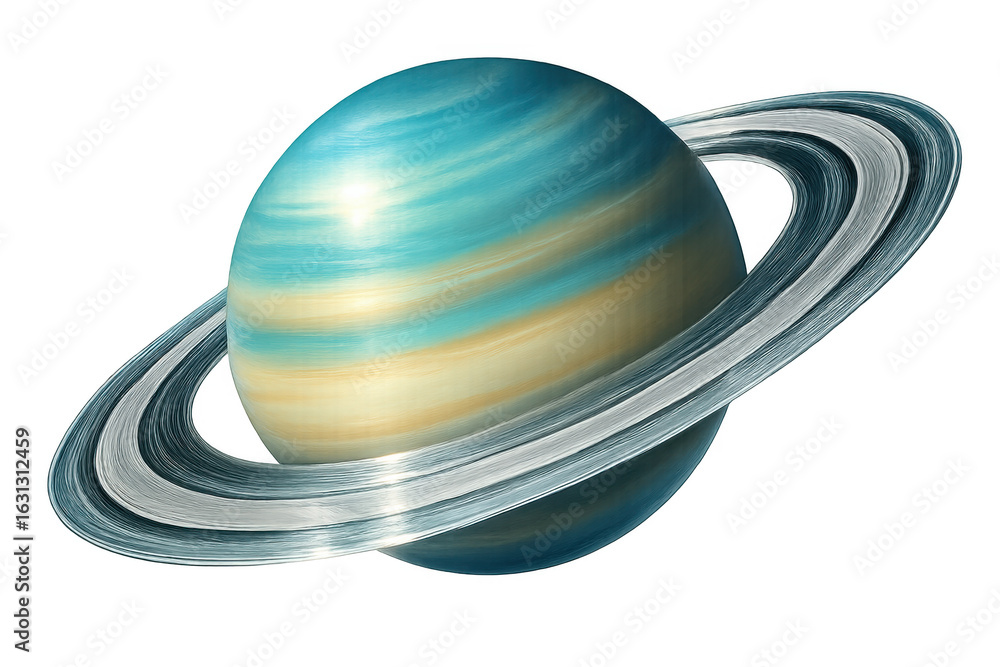 Poster gas giant planet adorned with stunning rings, rotating majestically in the vastness of outer space, 