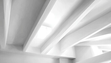 White architectural ceiling with angled beams. Sunlight streams through skylights