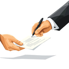 hand giving paper boss hands bussines man in suit signing up contract list paper treaty document isolated on white background, vector style simple color