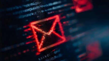 Digital representation of a red email icon against a matrix of binary code.