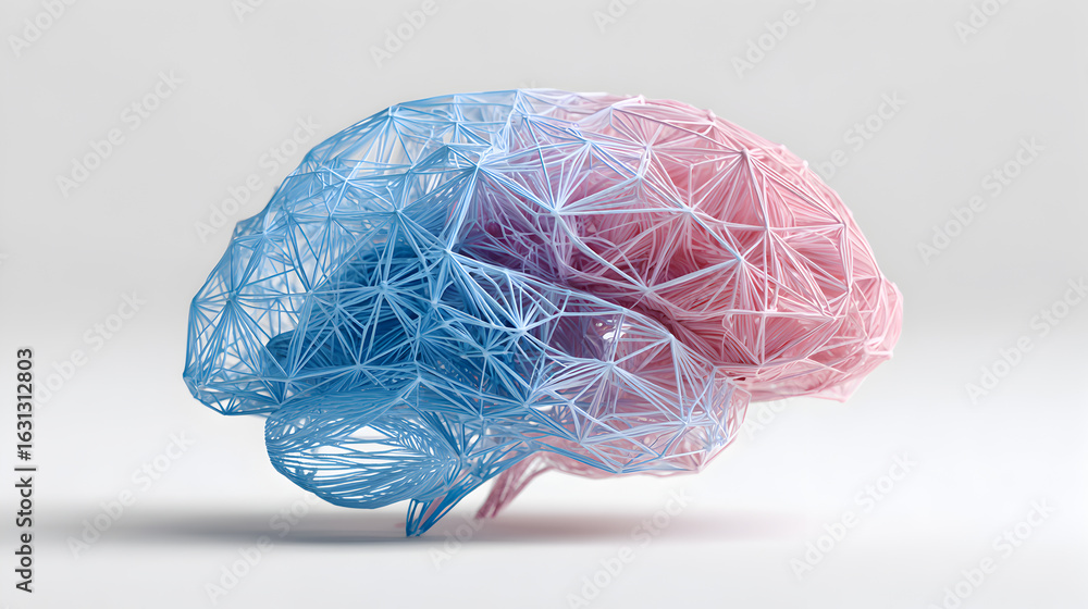 Aufkleber a detailed representation of a human brain, designed in a 3d style, split into two colored halves to