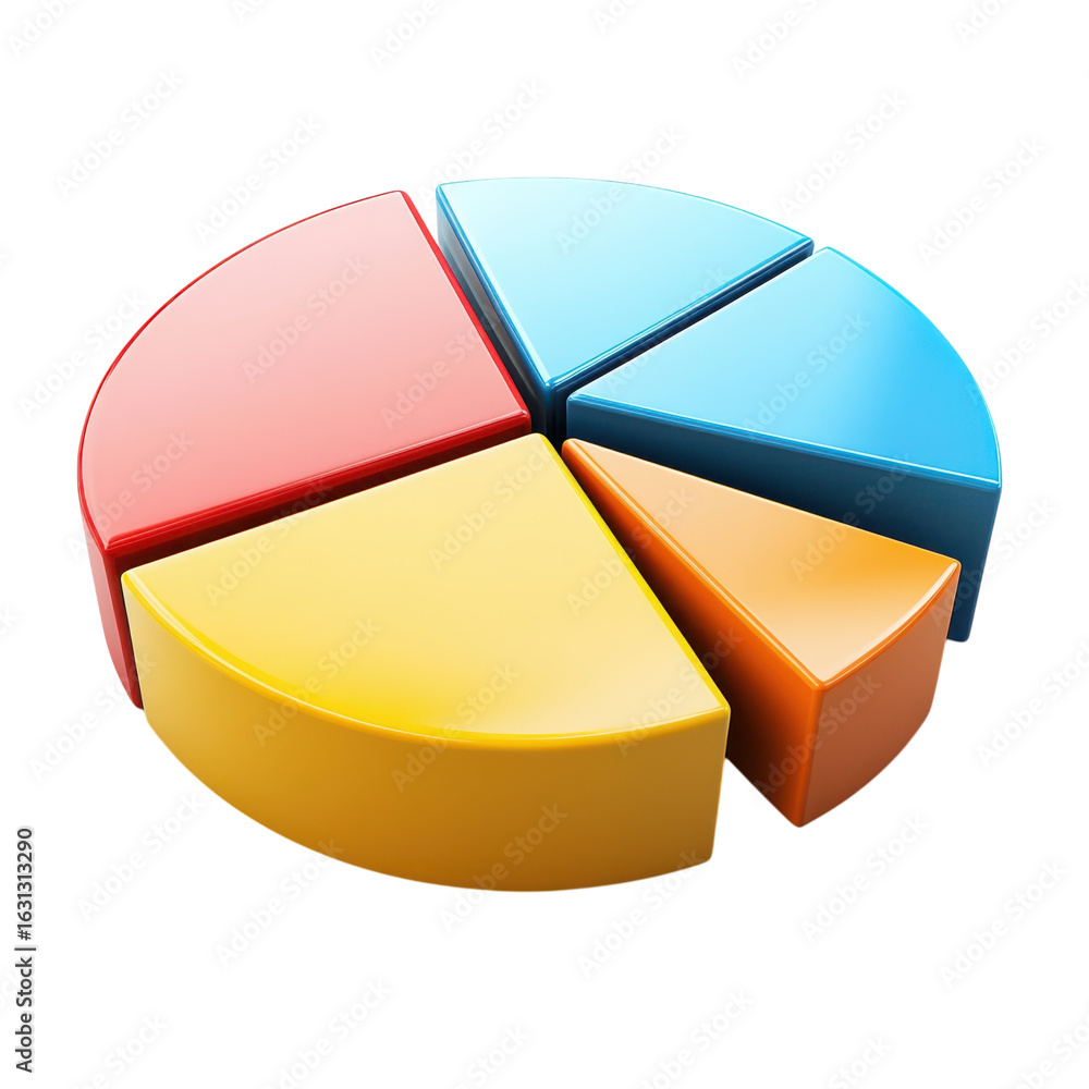 Poster glossy colorful pie chart segments, representing market share, data analysis on transparent backgrou