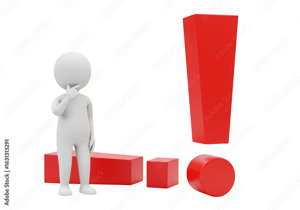 Poster 3d white figure thinking next to a large red exclamation mark and geometric shapes, isolated on tran