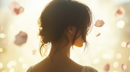 Pink Cosmos flower on long hair of beauty woman in studio,spring or summer concept,creative bright image for advertising products for hair,copy space,Bridal hairstyle with real flowers.