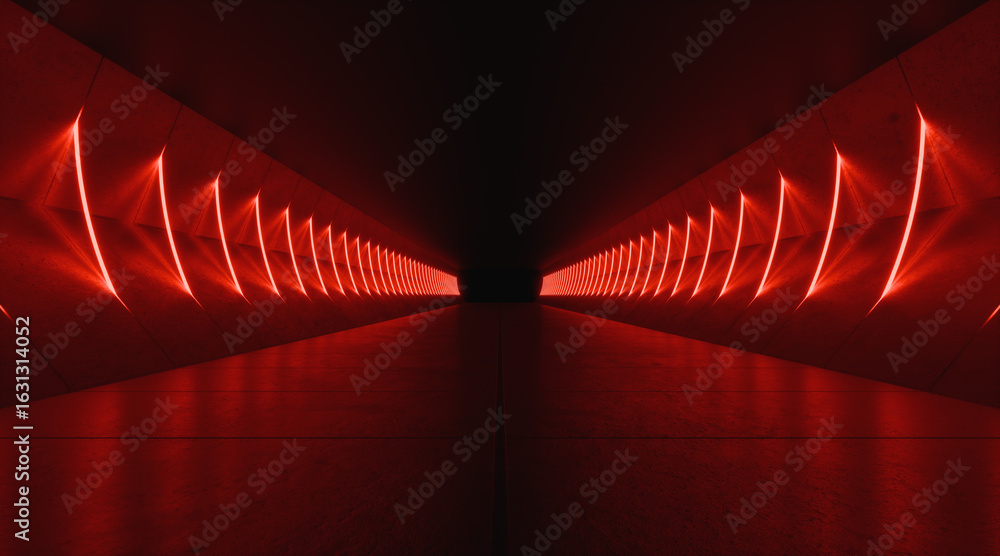 Aufkleber symmetric red neon light tunnel leading into darkness - futuristic abstract background. 3d rendering