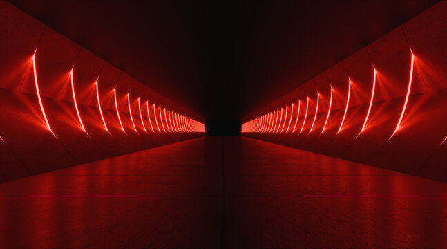 Symmetric Red Neon Light Tunnel Leading into Darkness - Futuristic Abstract Background. 3D Rendering