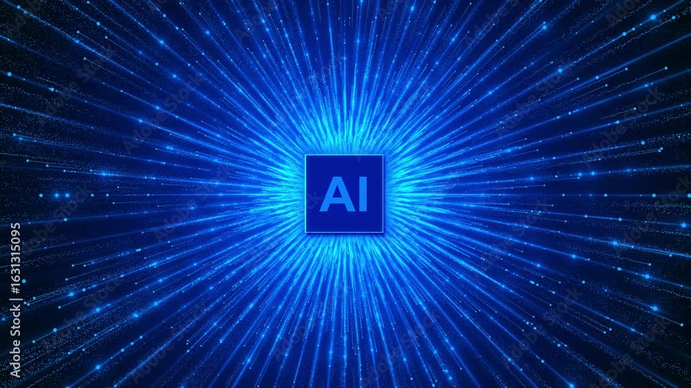 Poster futuristic 3d ai chip glowing neon blue data streams. symbolizes rapid data processing, advanced mic