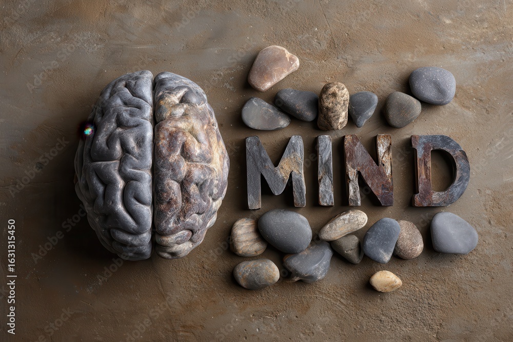 Poster top view of a stone brain and rocks spelling mind reflects the connection between mental and physica