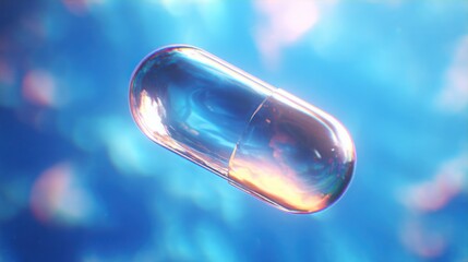 Futuristic translucent capsule floating against a blue medical backdrop with light refraction.