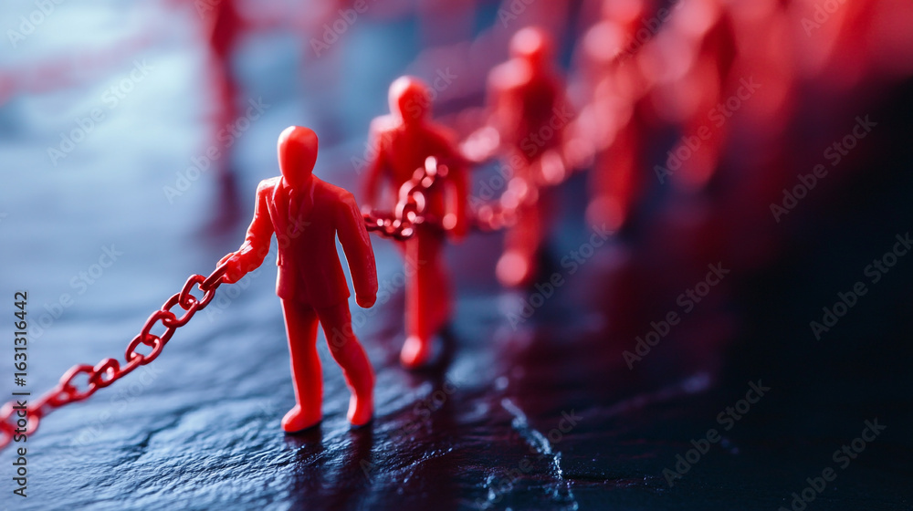 Aufkleber red figures chained together walking forward symbolizing unity or captivity