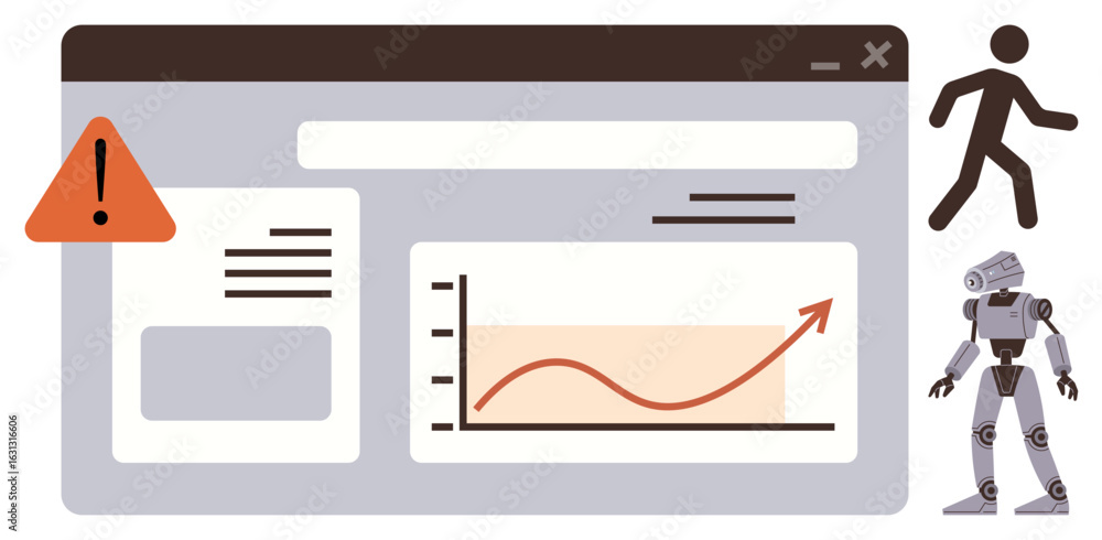 Poster web interface with graph and alert sign, human figure, robot icon, suggesting growth, automation, te