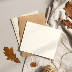 Blank paper card with envelopes, oak leaves, and wax seal on linen cloth