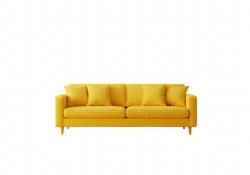 Bright yellow sofa with cushions, a modern piece of furniture for a stylish living room, isolated on transparent background