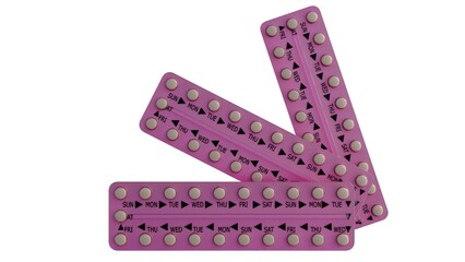 A 3d rendering of the pills and their packaging, birth control pills. The packs are a soft pink or purple color. Each pack is a long, rectangular strip with a series of small, round pills. 