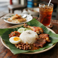 Traditional Nasi Lemak with Fried Chicken and Iced Tea