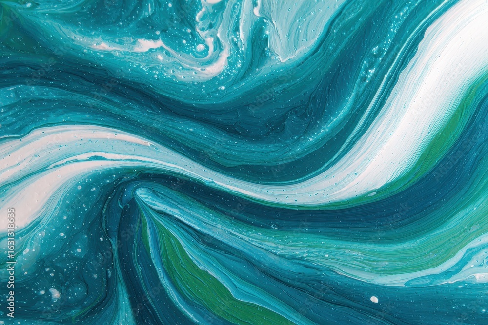 Poster abstract watercolor background in vibrant teal tones with flowing patterns in soft whites and greens