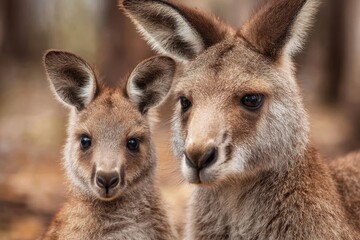 Fototapeta premium Kangaroo and joey in a natural habitat during a bright afternoon, showcasing the bond between mother and baby in the wild