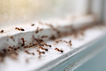 Orderly ants navigate along a windowsill showcasing their fascinating teamwork and structure in a residential setting during daylight