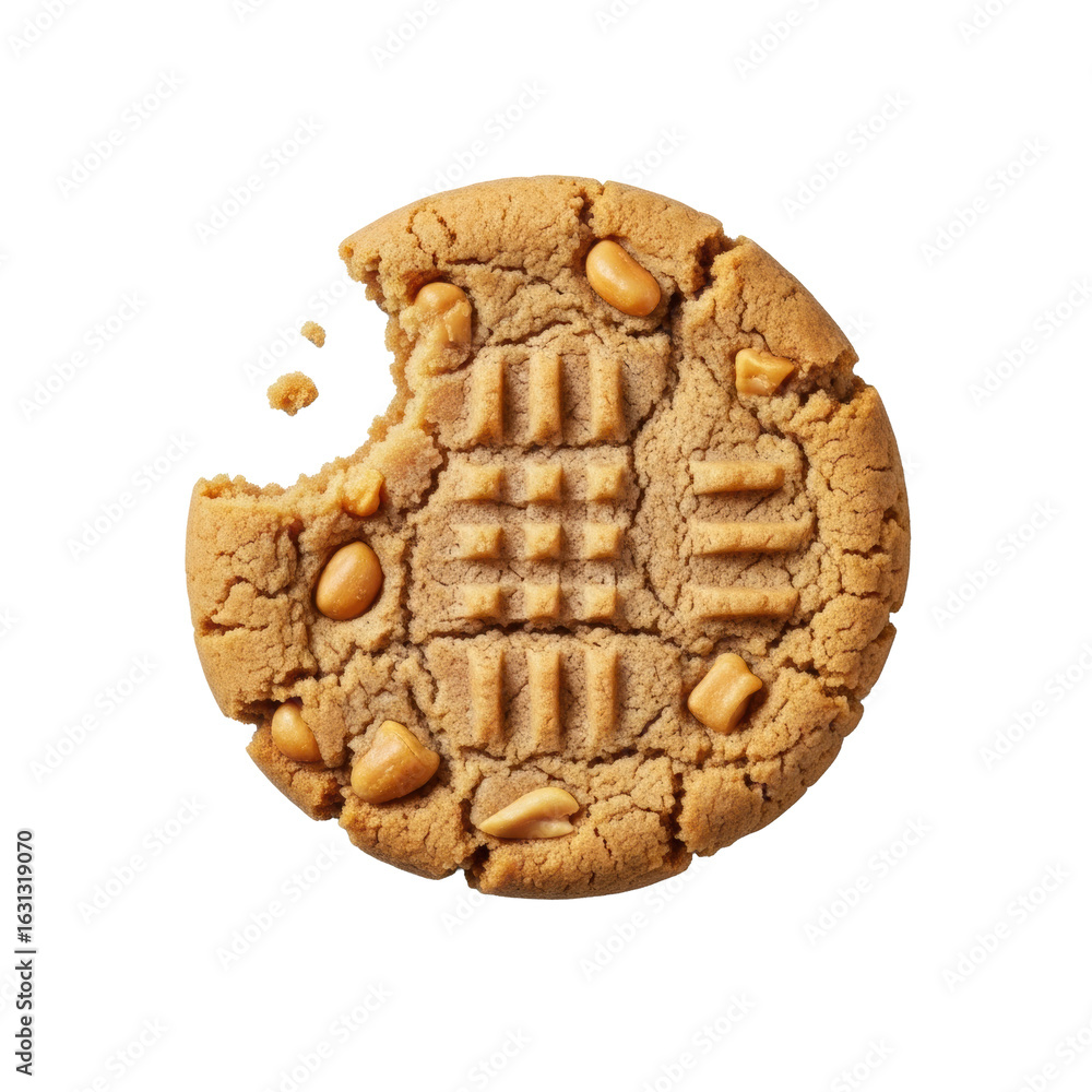 Poster a single golden-brown peanut butter cookie with peanut chunks, a clean bite mark, and cross-hatch pa