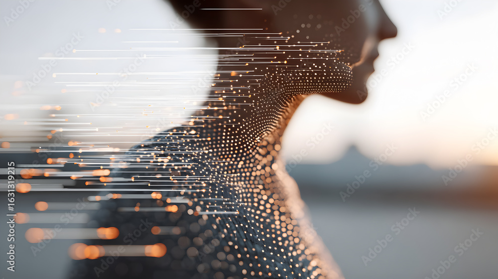 Poster a mesmerizing portrayal of a person's profile is subtly composed of digital data, suggesting the com
