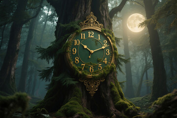 Mossy Clock Embedded in Evergreen Tree