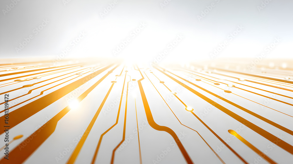 Poster abstract digital circuit board with illuminated pathways and a bright light in the distance