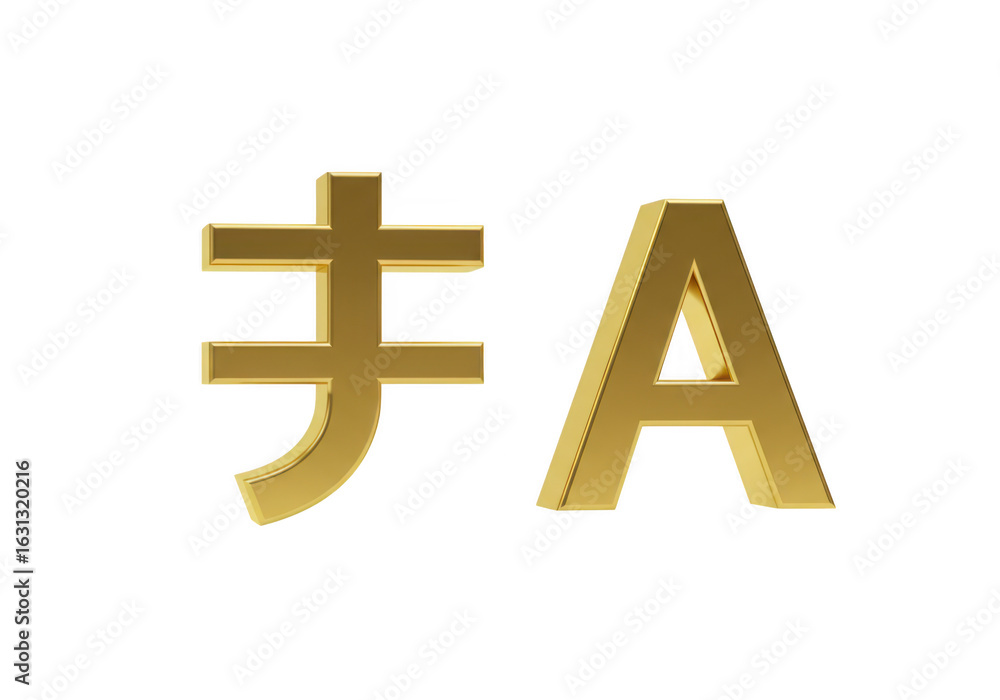 Poster japanese character for dollar sign in gold metallic 3d rendering isolated on transparent background