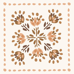 Simple hand painted boho flowers arranged as botanical block print pattern in colors of cream, brown and peach on off-white background. Folk art seamless vector pattern. Great for home decor, fabric.