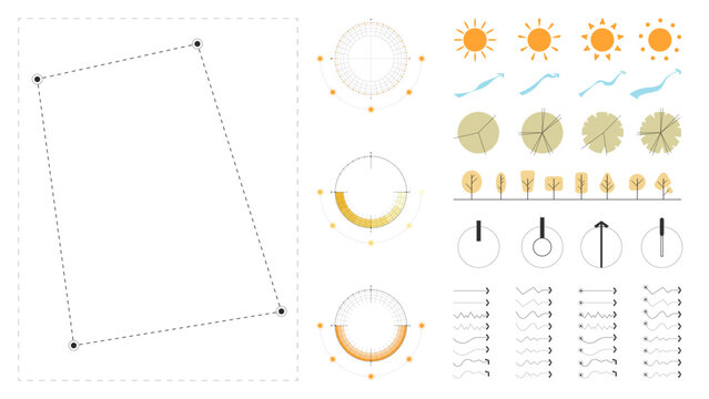 A modern site analysis symbol set for architecture and landscape design. Includes sun path, wind flow, vegetation, topography, views, and circulation arrows.