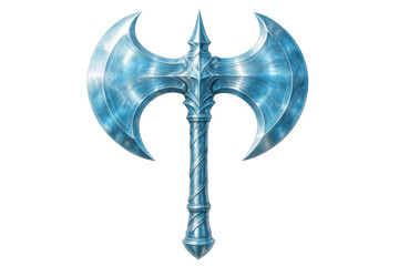 Medieval double-bladed fantasy axe featuring intricate handle design, resting on transparent backdrop, ideal for gaming graphics, mythical artwork, historical rendering