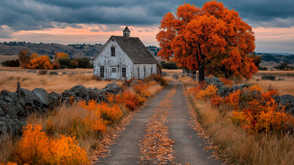 Autumn scene with a rustic cabin and colorful trees at sunset