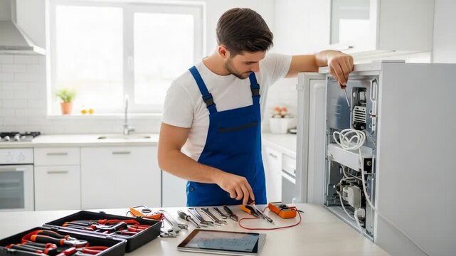 Appliance repair in modern kitchen shows tradesman fixing fridge with equipment. Appliance repair is important for smooth running of home appliances.