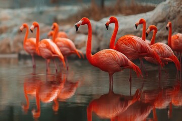 Obraz premium Flamingoes wading gracefully in calm water reflecting vibrant colors in a serene environment during the golden hour at a natural habitat