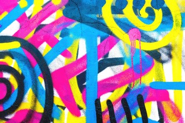 Vibrant graffiti pattern in neon blue, pink, yellow, black. Urban 80s style, funky glow, bold strokes. Street art, digital design, banners, creative backgrounds.