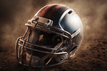 Fototapeta premium Realistic football helmet set against a gritty background highlighting details of design, texture, and color in an urban sports atmosphere
