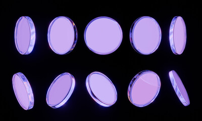 Set of 3D Holographic Coins. crystal glass plate set with rainbow, holographic effect isolated on dark background. Shiny glass disk, product podium or mirror with iridescent gradient