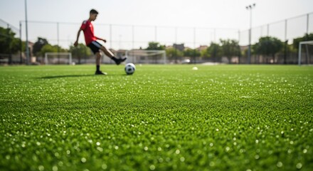 若者が人工芝のサッカー場で軽快にボールを蹴る様子