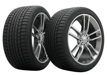 Two new car tires and alloy wheels isolated on transparent background