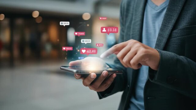 Boosting Social Media Engagement: Man Interacting with Rising Likes, Comments, and Followers on Smartphone - A Digital Marketing Success Story