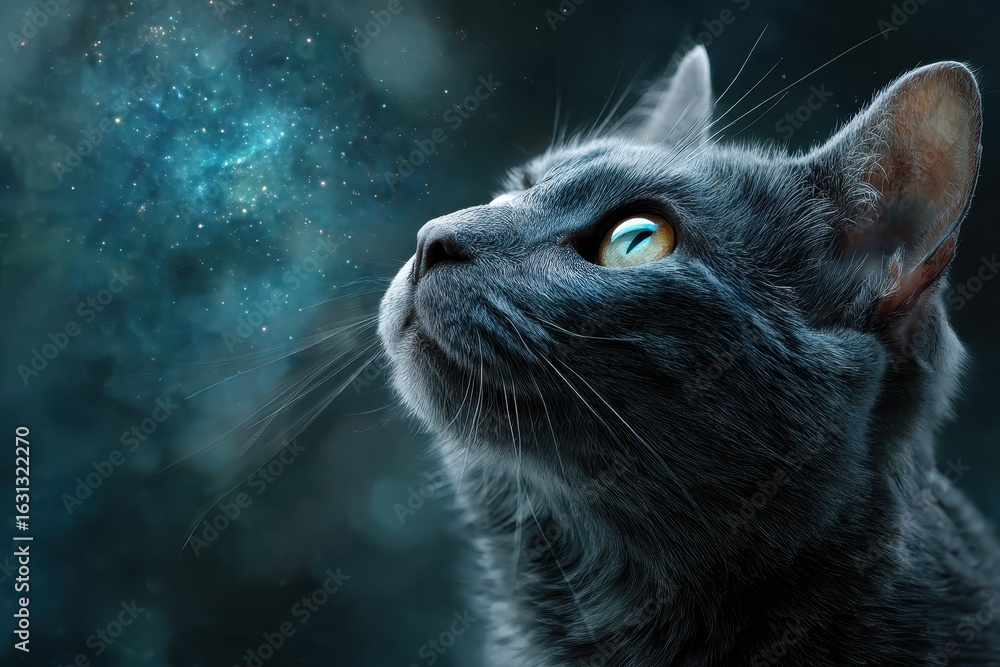 Poster curious cat gazing into the captivating depths of a starry space background filled with beautiful co