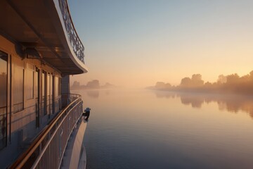 Fototapeta premium Morning light reflects on calm water beside river cruise ship bow as mist envelops the landscape