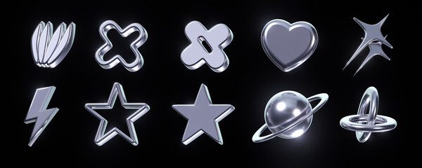 Y2K chrome elements for design isolated on black background. Metal glossy futuristic elements of steel or platinum, isolated render icon. Silver spark, stars, flower, hearts. 3D illustration