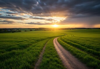 Obraz premium 夕焼け空の下、緑の丘陵を蛇行する一本の道が伸びる美しい風景写真