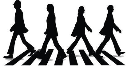 Four silhouetted figures walking across a zebra crossing in a well known album cover recreation